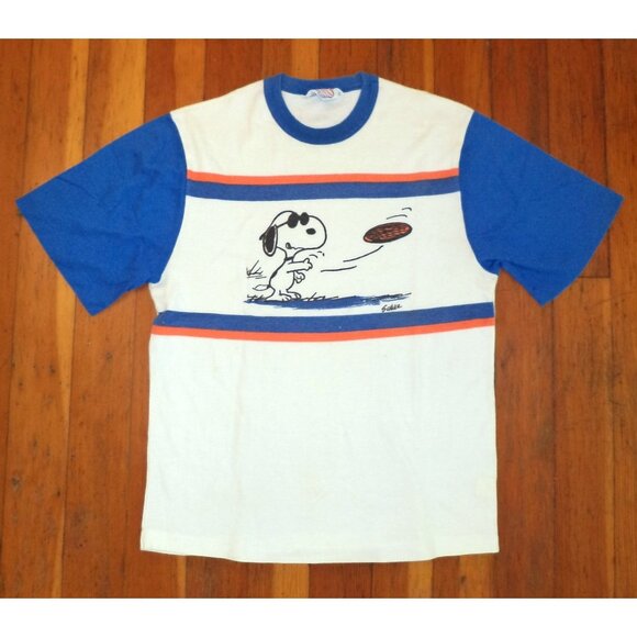 Vtg SNOOPY Sunglasses Playing FRISBEE SingleStitch TSHIRT ARROW World's Great -L - Picture 1 of 6